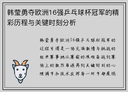 韩莹勇夺欧洲16强乒乓球杯冠军的精彩历程与关键时刻分析