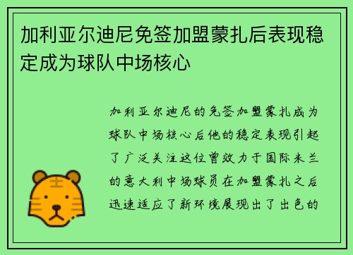 加利亚尔迪尼免签加盟蒙扎后表现稳定成为球队中场核心
