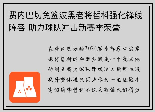 费内巴切免签波黑老将哲科强化锋线阵容 助力球队冲击新赛季荣誉 费内巴切免签波黑老将哲科强化锋线阵容 助力球队冲击新赛季荣誉